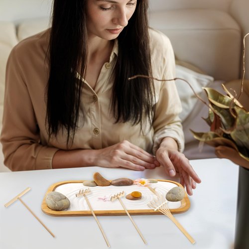 Nogeqi 4 Pack Mini Rake Bamboo Zen Garden Tools, Small Sand Rake, Mini Garden Tools, Rock Zen Garden Accessories for Home Office Tabletop Decor (4 Style)