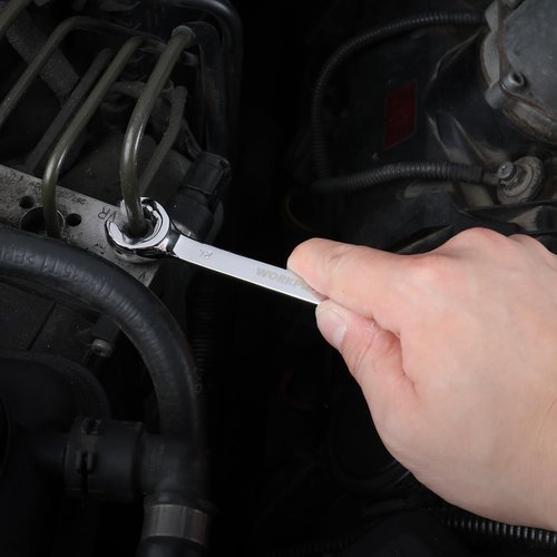 WORKPRO 4-Piece Flare Nut Wrench Set, Metric Brake Line Wrenches 10, 12, 13, 14, 15, 17, 19, 22mm, Cr-V Steel, 15° Offset Head Tubing Wrench, Organizer Pouch Included