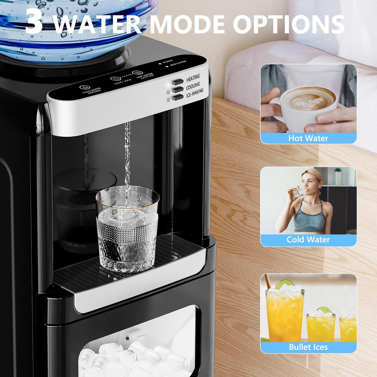 Antarctic Star 3-in-1 Water Cooler Dispenser with Built-in Ice Maker, Hot & Cold Top Loading, Water Dispenser for 5 Gallon Bottle, 33LBS/24H Ice Maker with Child Safety Lock, Black