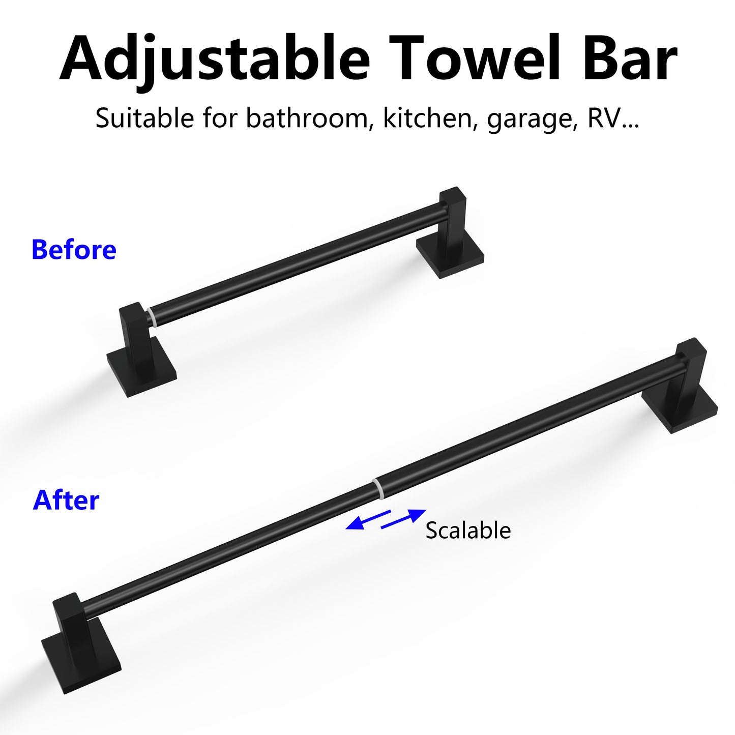 Miroamz Adjustable Towel Bar, 14.4inch - 25.2inch Towel Rack, Wall Mounted for Bathroom, Kitchen Hand Towel Holder Cloths Hanger SUS 304 Stainless Steel Organizer Single Bar (Matte Black)