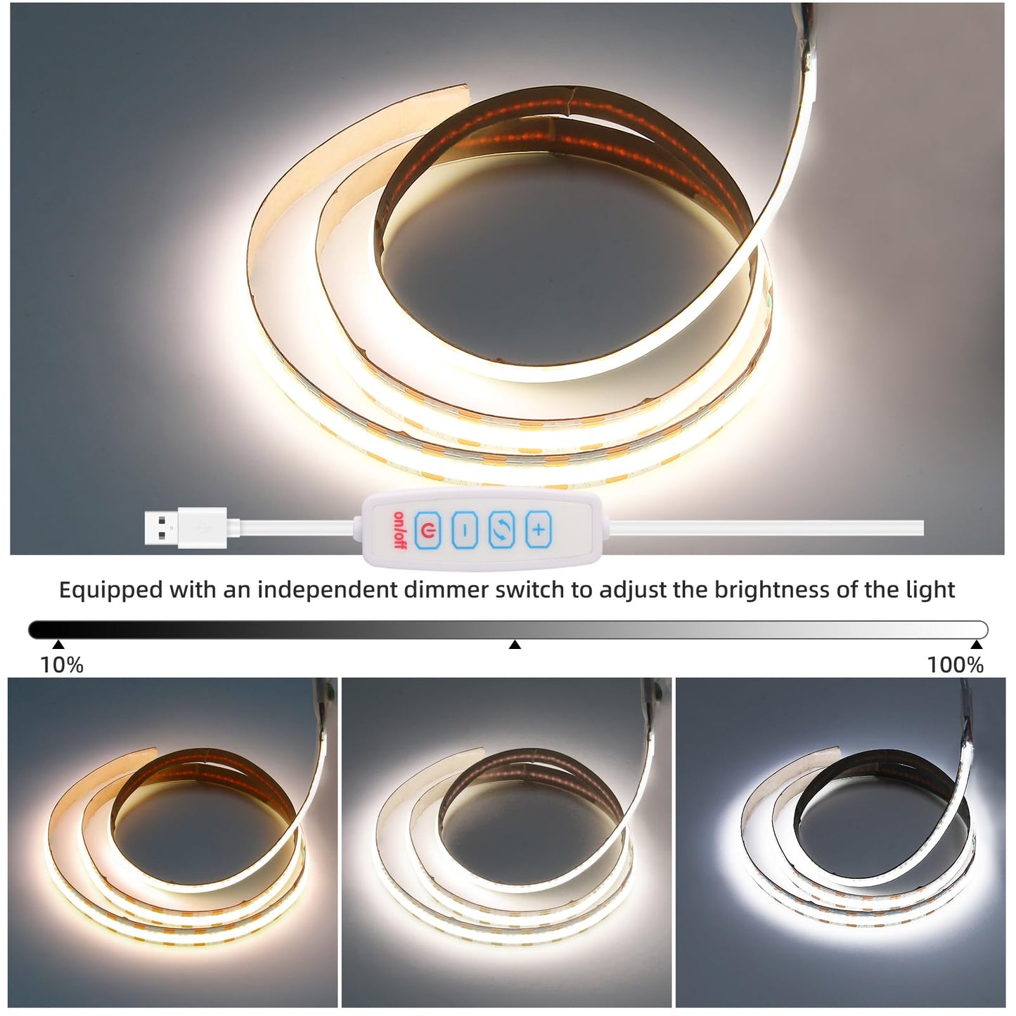 COB LED Strip Lights 5V USB 3.28ft/1m 640LEDs Dimmable LED Lights 6000K White 10W Flexible LED Light Strips Under Cabinet Tape Lights for Bedroom Kitchen DIY Lighting Room Decor TV Backlight