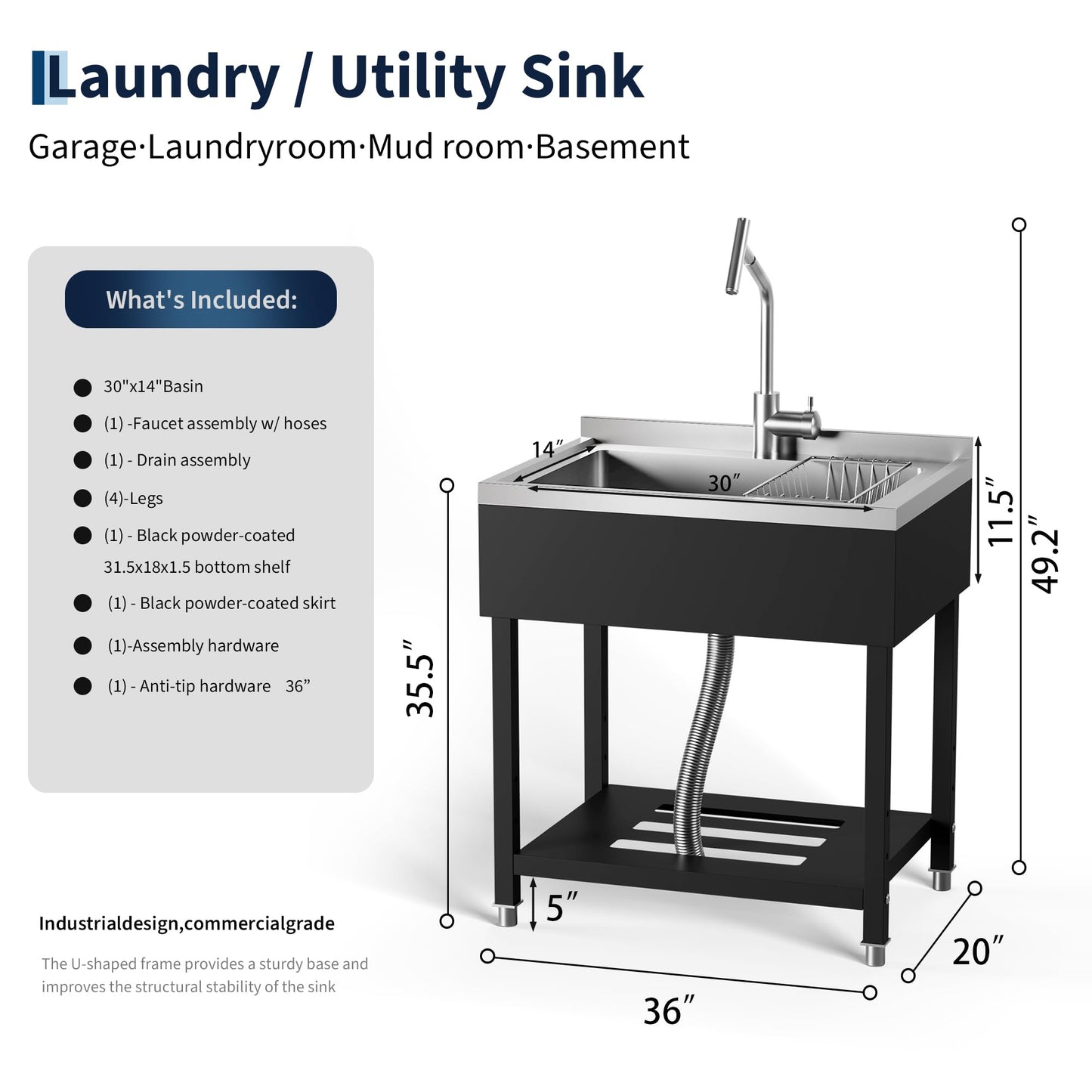 Garvee Commercial Sink, 36x20x39 Inch Freestanding Stainless Steel Utility Sink with t-Shaped Faucet, Black Large Single Bowl Prep Sink for Laundry Room, Garage, Restaurant and Outdoor