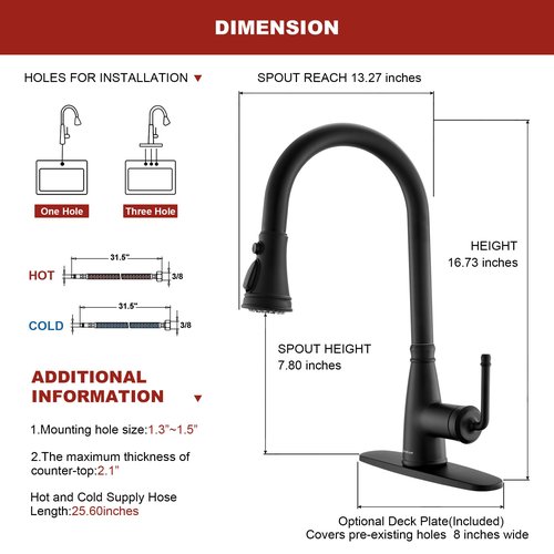 Lavatrum Matte Black Kitchen Faucet Antique 17 inch with Pull Out Sprayer, Single Handle Pull Down Kitchen Faucet 3-Function Sprayer