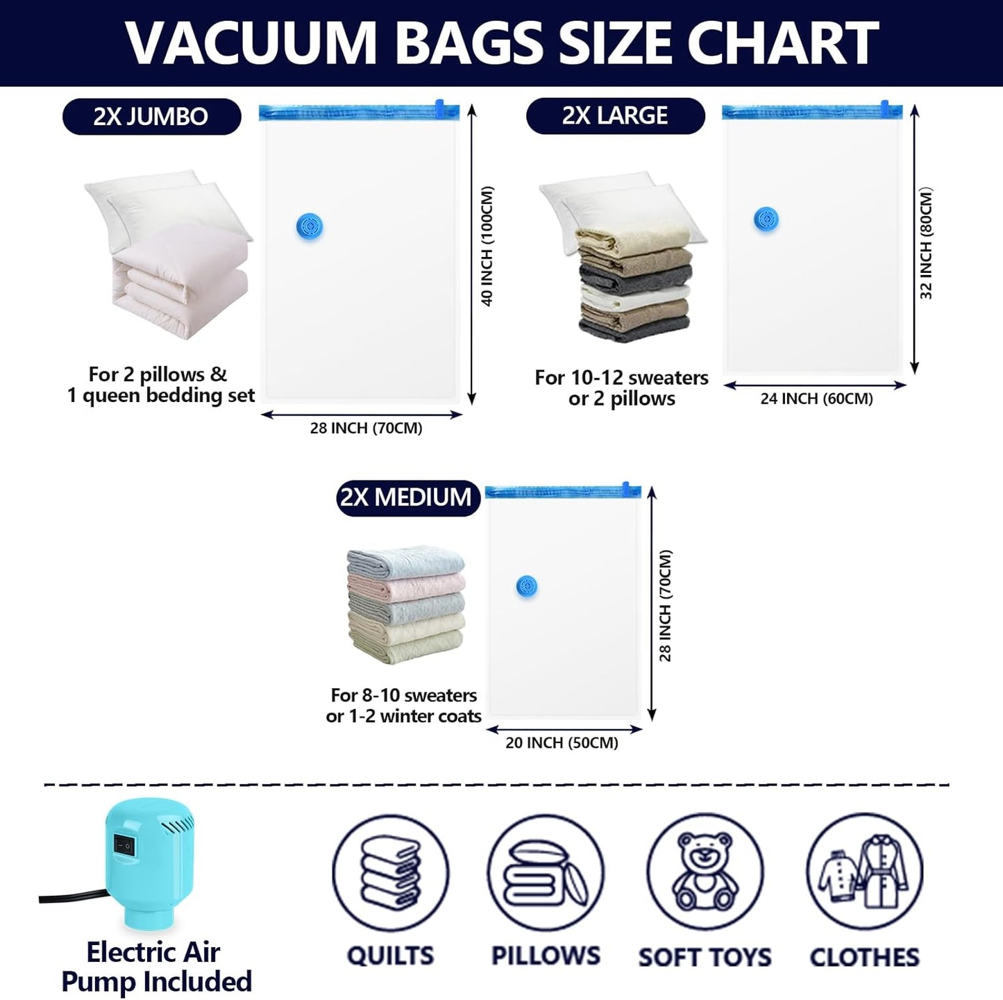 Vacuum Seal Bags for Clothing with Electric Pump, 15 Pack (3 Jumbo 3 Large 3 Medium 3 Small 3 Roll Up) Space Bags Vacuum Storage Bag for Travel, Luggage, Blankets, Bedding