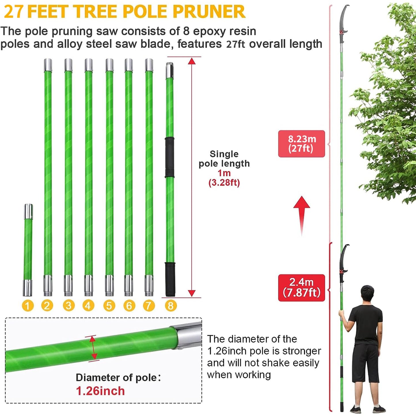 27 Feet Tree Pole Pruner Manual Branches Trimmer Tree Branch Garden Tools Loppers Hand Pole Saws Extendable Height