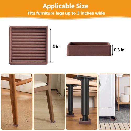 Non Slip Rubber Furniture Pads 3 inch 4PCS, Couch Bed Stoppers to Prevent Sliding, Furniture Coasters, Non Skid Furniture Grippers for Hardwood Floors Brown Square
