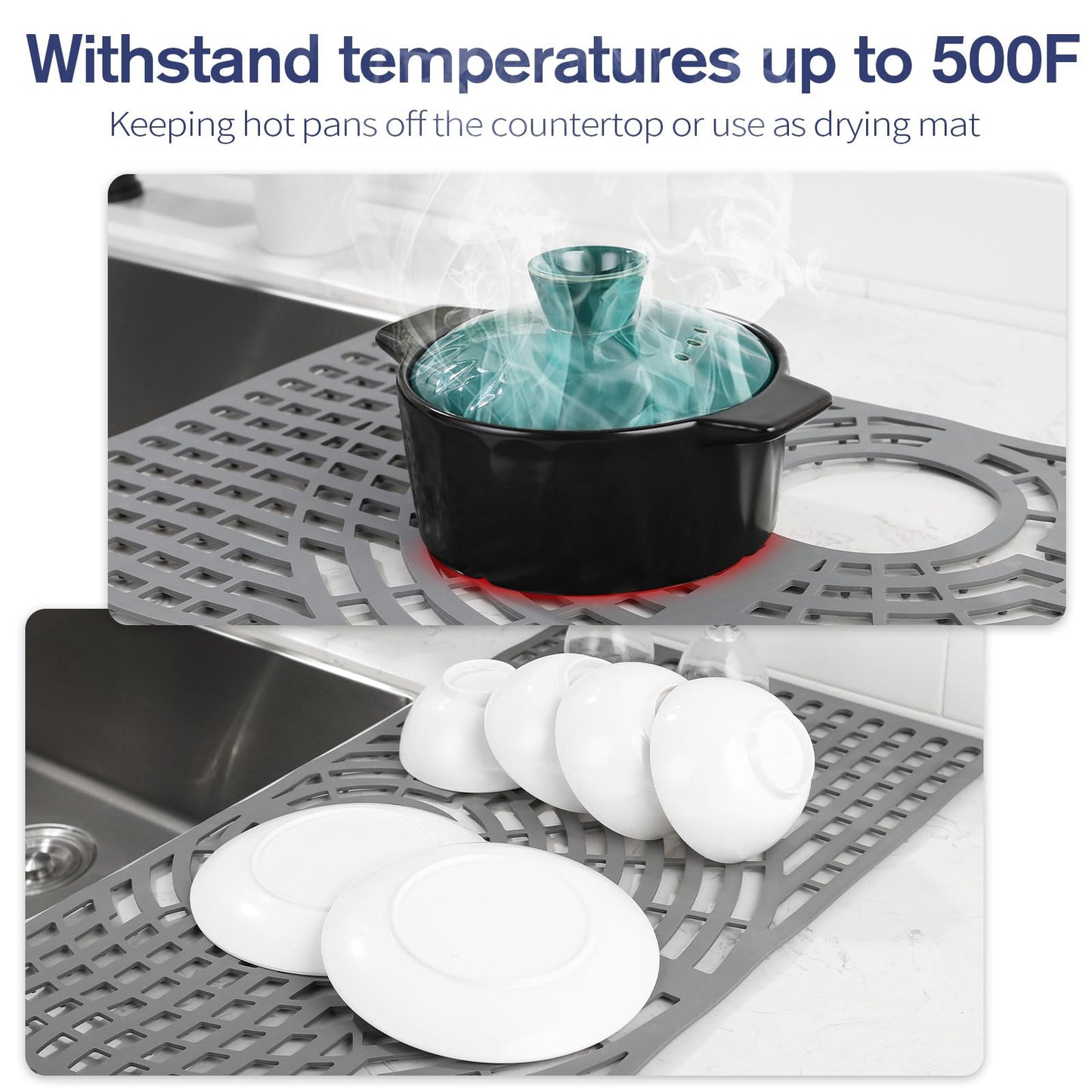 Snuggery Silicone Sink Protector 28"x15" Rear Drain Hole, Heat Resistant Non-slip Dishwasher Suitable, Large Mat for Bottom of Farmhouse Kitchen Stainless Steel Sink(Grey)