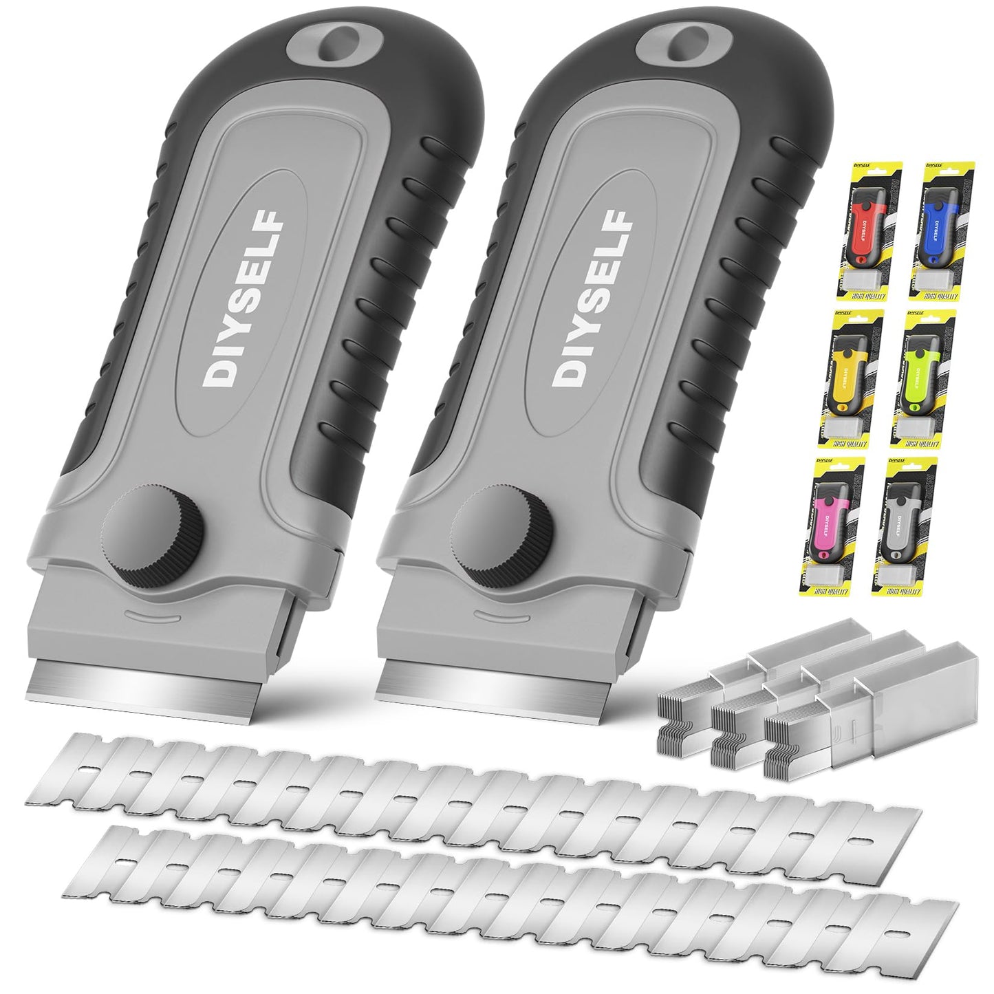 DIYSELF 2 Pack Razor Blade Scraper with 30 Pcs Spare Blades - Scraper Tool for Cleaning, Glass, Stickers - Scraper for Glass Top Stove - Paint Scraper - Razor Scraper - Glass Scraper - Oven Scraper
