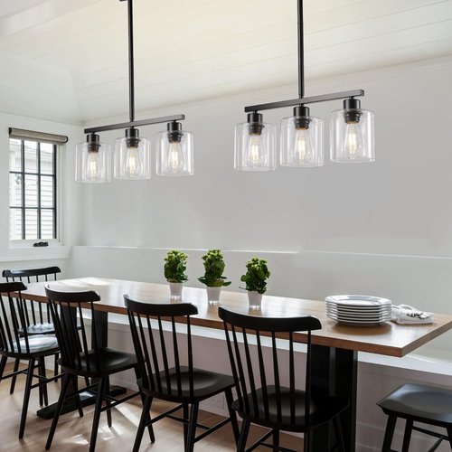 ROCUNSI 3-Light Kitchen Island Lighting, Black Pendant Light Fixture, Farmhouse Dining Room Light Fixtures Over Table, Modern Hanging Light Fixtures with Clear Glass, E26 Base, Bulbs Not Included