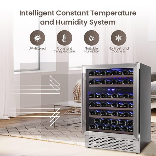 GarveeHome Wine Cooler Refrigerator 51 Bottles - Dual Zone Built-In Freestanding, Safety Lock, Seamless Stainless Steel, Triple Layer Tempered Reversible Glass Doors, 40°F-65°F for Home Bedroom