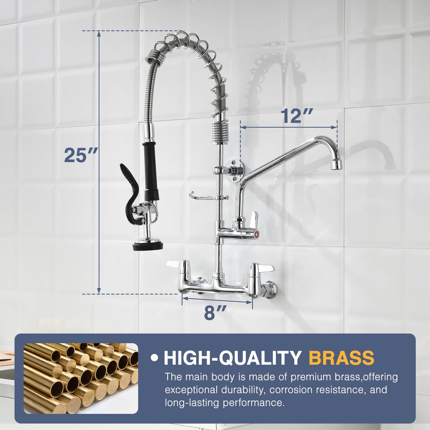 CENOSA Commercial Sink Faucet Wall Mount with Pre-Rinse Sprayer – 8 Inch Center Wall Mount Sink Faucet, 25" Height, 12" Swing Spout, Pull Down Sprayer for Industrial & Restaurant Sinks