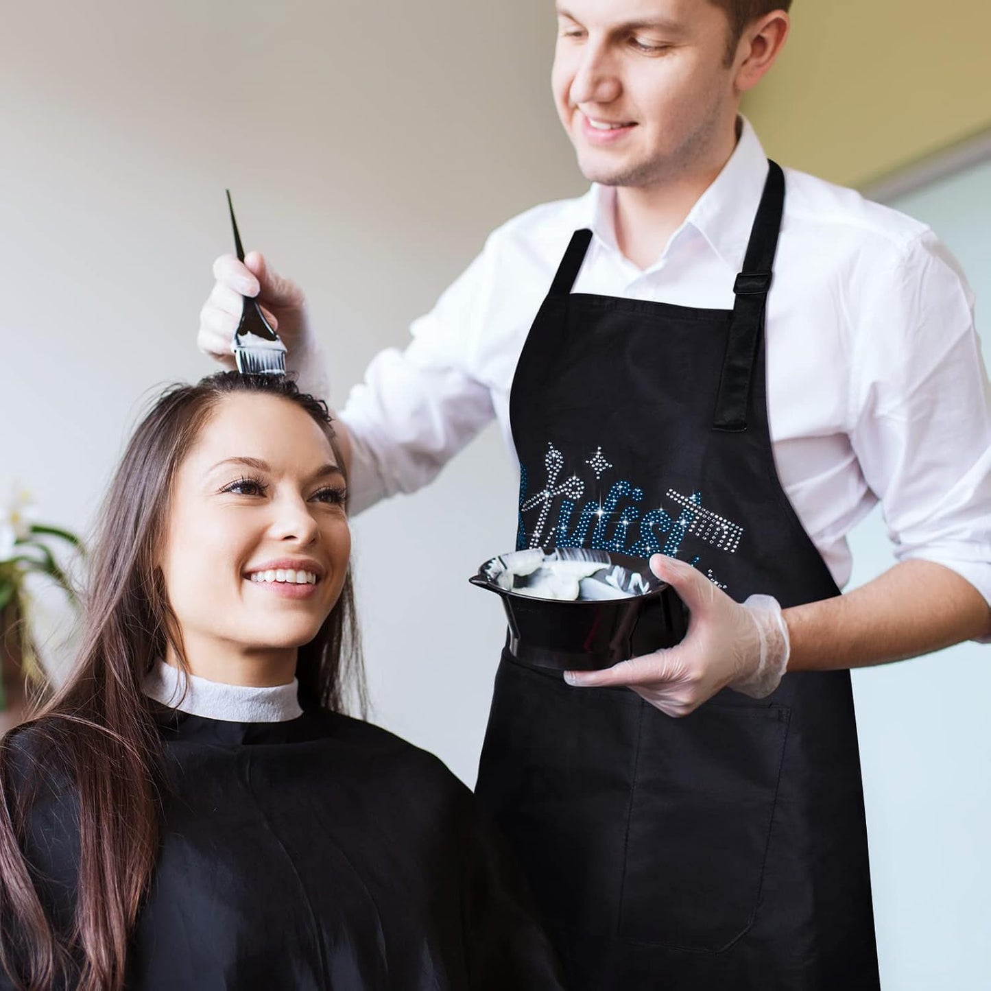 Coume 2 Pcs Hair Stylist Apron Hairstylist Salon Apron with Rhinestone Tools 3 Pockets Waterproof Hairdresser Barber