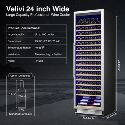 Velivi Upgraded 24 Inch Wine Cooler Refrigerator, 190 Bottles Wine Fridge with Professional Temperature Control System, Freestanding or Built-in installation, Quiet Operation