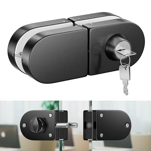 Ranbo Frameless Double-Sided Glass Door Lock,No-Drill, 304 Stainless Steel,Suitable for 3/8''-1/2''(10mm-12mm) Sliding Glass Doors, Office Doors, Commercial Doors, Includes 3 Keys, Brushed Black