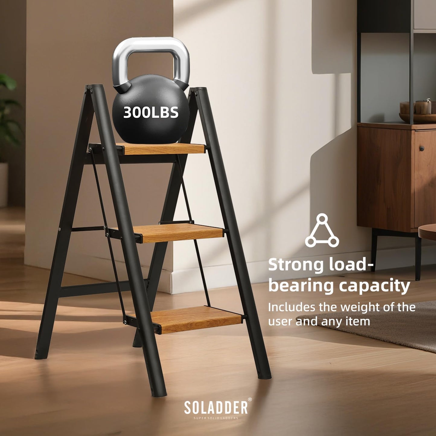 SOLADDER 3 Step Ladder, Anti-Slip and Lightweight Foldable Step Ladder for Adults & Kids to Use in Kitchen,Closet and Library,300lbs(Black+Woodgrain)