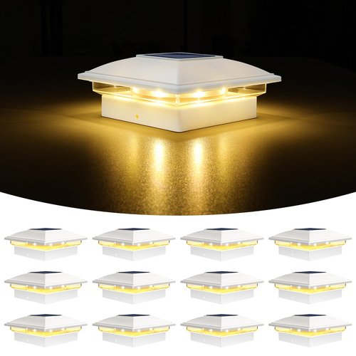 VOLISUN Solar Post Cap Light Outdoor Waterproof 12pack,Solar Fence - Post Lights for 4x4 5x5 6x6 Wooden/Vinyl Post,White Deck Cap Light Solar Powered with Warm White for Garden/Patio/Porch