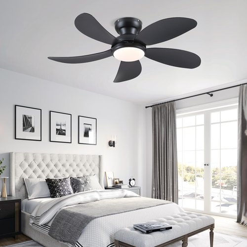 PHORUS 42" Black Low Profile Ceiling Fans with Lights and Remote,Small Flush Mount Ceiling Fans with Quiet Reversible DC Motor, Dimmable 3 CCT