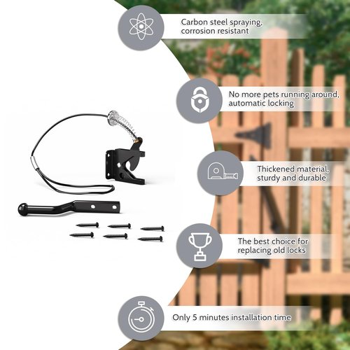 JZVXX Gate Latch with Spring Cable Pull for Fence Gate - Carbon Steel - Black,Self Locking Fence Gate Latch,Gate Latch for Wooden Fence,Fence Door Latch