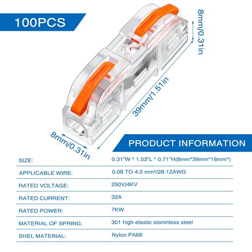 100 Pcs Wire Connectors 1 to 1 Inline Wire Compact Splicing Electrical Connectors 1 Conductor Lever for Quick Wiring Circuit Inline 28-12 AWG