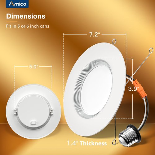 Amico 12 Pack 6 inch 5CCT LED Recessed Lighting with Night Light, 12.5W=100W, 1000LM Can Lights with Baffle Trim, Dimmable, Retrofit Downlight, 2700K/3000K/3500K/4000K/5000K Selectable - ETL & FCC