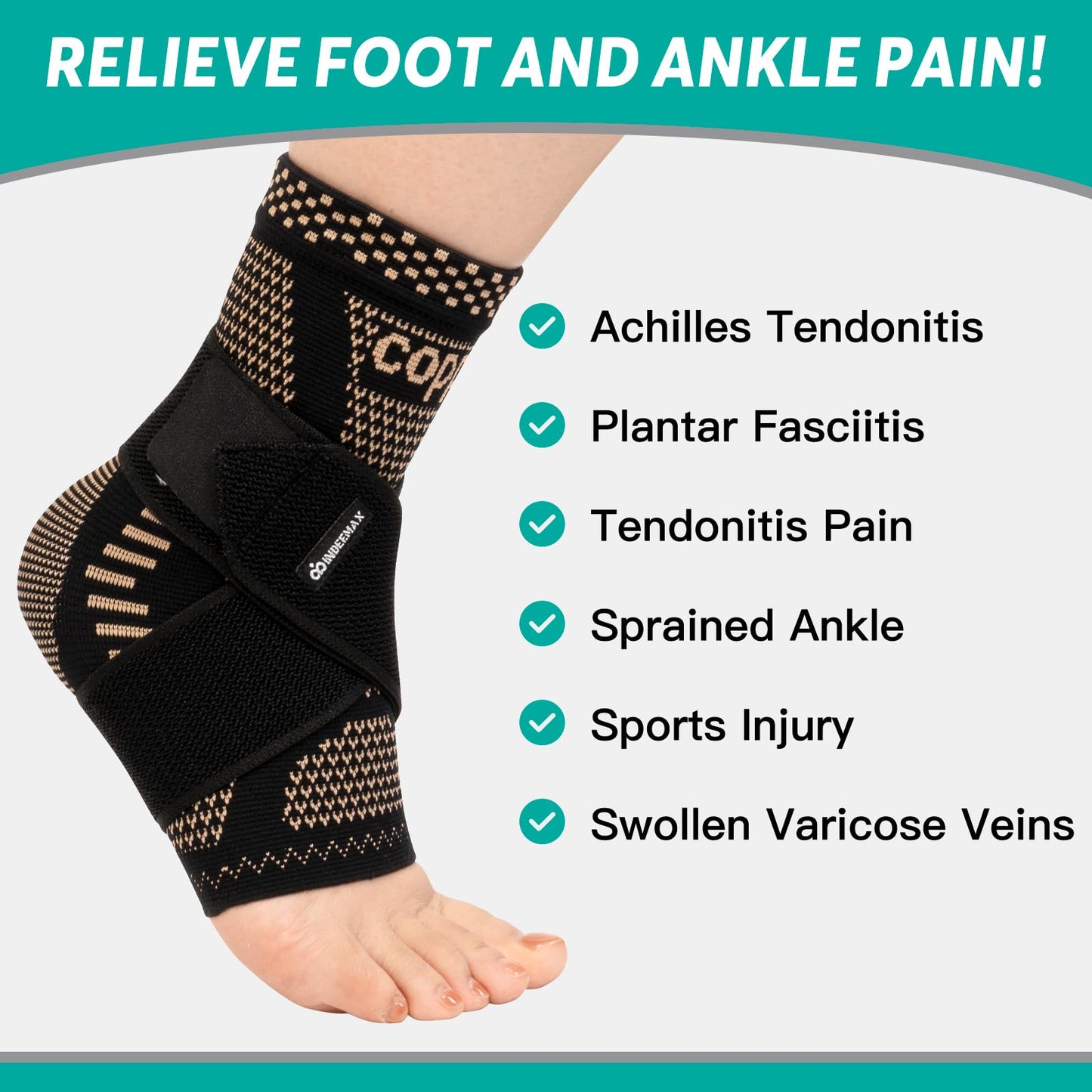 INDEEMAX Ankle Brace for Sprained Ankle Compression Sleeve, 2 Pack Copper Infused Ankle Support Brace for Women & Men, Plantar Fasciitis Relief Achilles Tendonitis, Sports Running, Copper Black, XL