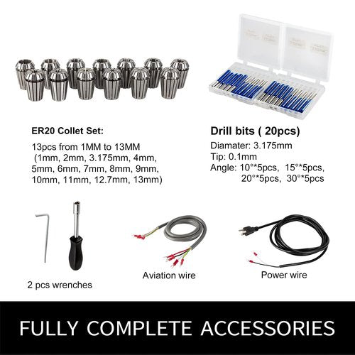 CNC Spindle Kits, 220V 2.2KW 2200W Air Cooled Spindle Motor Square CNC Spindle CNC Motor Spindle Motor + 2.2KW VFD + 13pcs ER20 Collets + Aviation Wire +Power Wire + Drill Bits