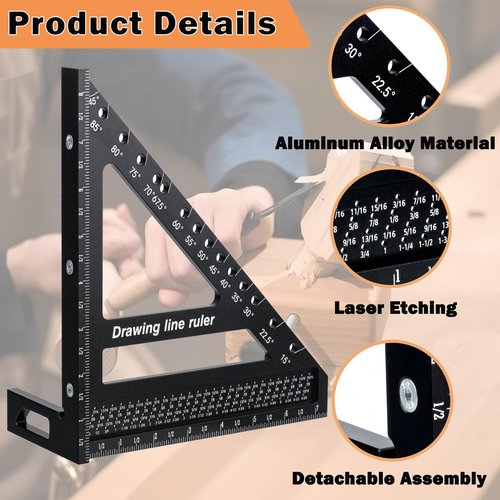 3D Multi-Angle Measuring Ruler, Multi-Angle Measuring and Marking Square, Large Carpenter Square 8.5''x7.7'' Woodworking Ruler, 15-90 Degree Aluminum Alloy Woodworking Square Protractor