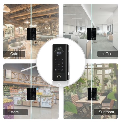 Smart Glass Door Lock for Frameless Glass Doors, 7in 1 Keyless Enter Gate Locks with Face Recognition,Fingerprint, WiFi Remote Control, IC Card, Palm Vein,No-Drill Installation for Office,Shop,Home
