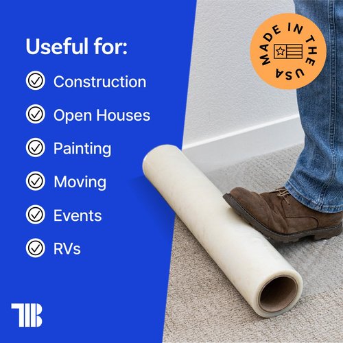 TapeManBlue Carpet Protection Film 24" x 200' roll. Made in The USA. Easy Unwind, Clean Removal, Strong and Durable Plastic Carpet Protector. Clear, Self-Adhesive Surface Protective Film