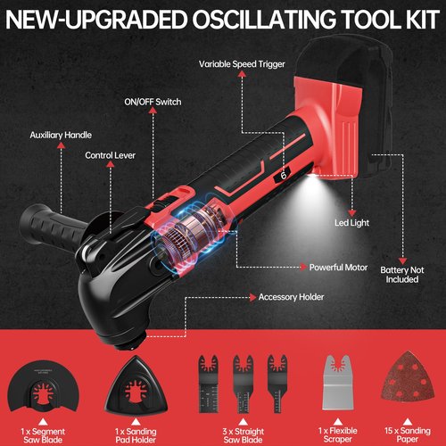 LED Work Cordless Oscillating Tool for Milwaukee 18V Battery, 22Pcs Oscillating Multi Tool Kit with Auxiliary Handle, 6 Variable Speed, Oscillating Saw for Scraping Sanding Cutting Wood(No Battery)
