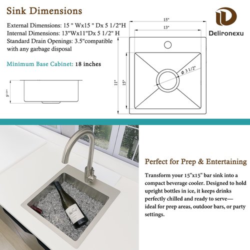 15 Inch Bar Sink Drop In - Delironexu 18 Gauge Stainless Steel Small Kitchen Sink, 15"x15" Single Bowl Square Wet Bar with Brushed Finish for Outdoor, RV, and Prep Use