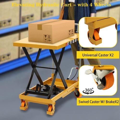 Yellulu Hydraulic Table Cart, 500lbs Capacity Cart Lift Table Cart, Manual Scissor Lift Table, Elevating Hydraulic Cart - with 4 Wheels and Foot Pump - 30.5" Lifting Height, Yellow