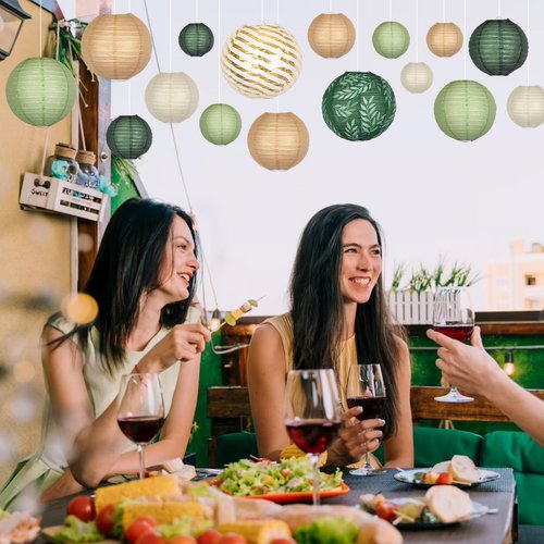 Round Chinese Paper Lanterns Decorative 16pcs Sage Green Brown Hanging Paper Lantern for Graduation, Birthday, Wedding, Jungle Theme Baby Shower Party Decorations