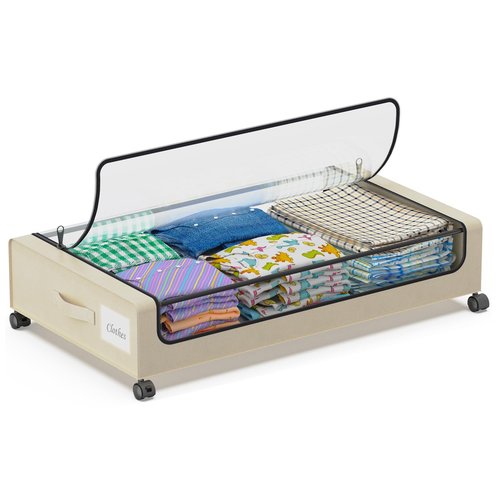 Under Bed Storage with Wheels, 1 Pack Under Bed Storage Containers with Clear Lids,Under the bed storage Organizer Bins, Rolling Under Bed Metal Drawer for Clothes,Shoes,Toys - Beige
