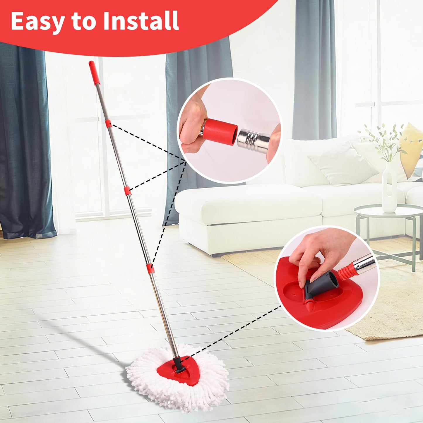Jikefa Mop Replacement Heads, Handle, Base Compatible with O Cedar EasyWring 1-Tank Spin Mop System, 2 Microfiber Mop Head Refills, 4-Section Iron Handle 30-58in and 1 Spin Base Cover Set