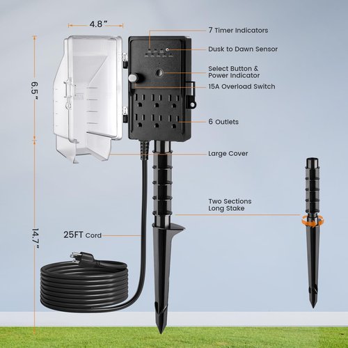SURAIELEC Outdoor Power Stake, Dusk to Dawn Light Timer, 25FT Extension Cord Multiple Outlet; 6 Electrical Outlet Power Strip Weatherproof, for Patio Lights, Sprinkler, Garden, Christmas Decorations