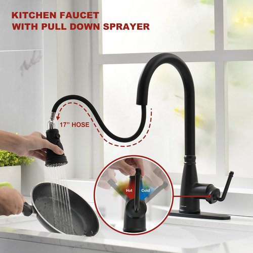 Lavatrum Matte Black Kitchen Faucet Antique 17 inch with Pull Out Sprayer, Single Handle Pull Down Kitchen Faucet 3-Function Sprayer