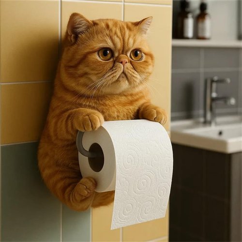 3D Cat Toilet Paper Holder, Wall Mount Bathroom Tissue Roll Storage, Gray Tabby Cat Design, Resin Material (#03)