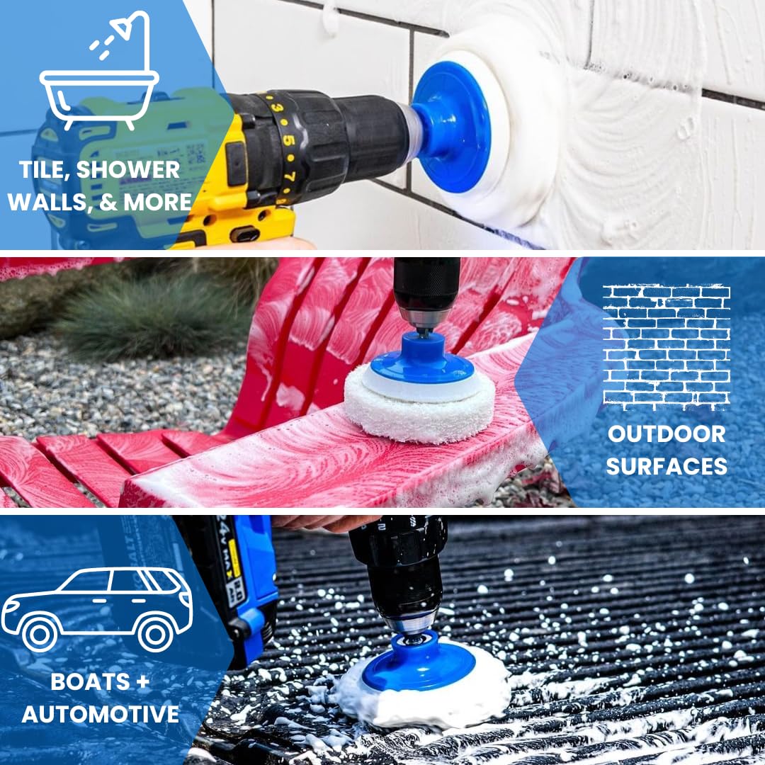 RotoScrub 7 Pack Multi-Purpose Drill Brush Kit for Cleaning Bathrooms, Showers, Tubs, Tile, Floors, Sinks, Toilets, Grout and Grime Removal, Reversible Blue and White Scrub Pads
