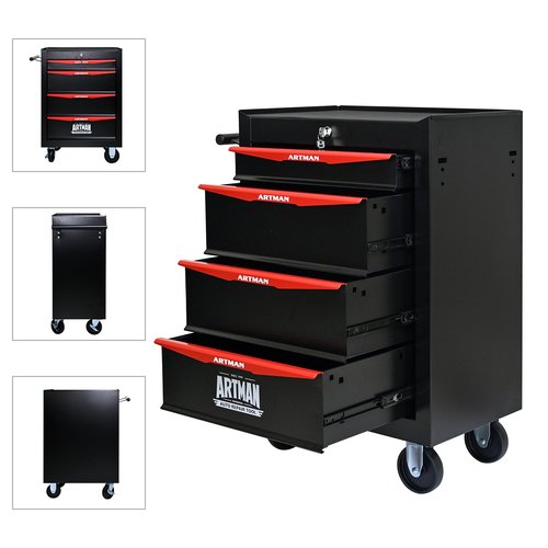 4 Drawers Tool Box With Wheels,Multifunctional Rolling Tool Box Tool Cart For Storage Garage, Workshop, Warehouse & Repair Shop (Black+Red(4 Drawer)