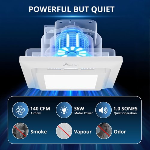 Hawkrown 2-in-1 Bathroom Exhaust Fan with Light, 140 CFM Quiet Vent Fan, 6000K LED Light, Easy to Install, Exhaust Fans for Ceiling, Space Saving Bathroom Ventilation