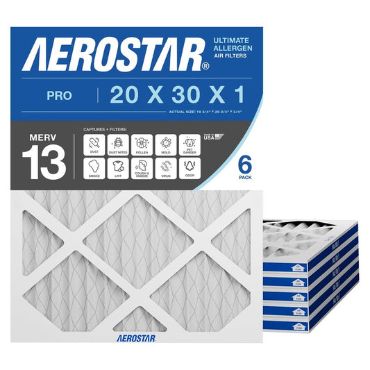 Aerostar 20x30x1 MERV 13 Air Filter, 6 Count, ACTUAL SIZE (19.75 x 29.75 x 0.75 ), HVAC, Air Conditioning & Furnace Filter for Allergies, Dust, Pet Dander & Smoke (MPR 1500 / FPR 10), Made in USA