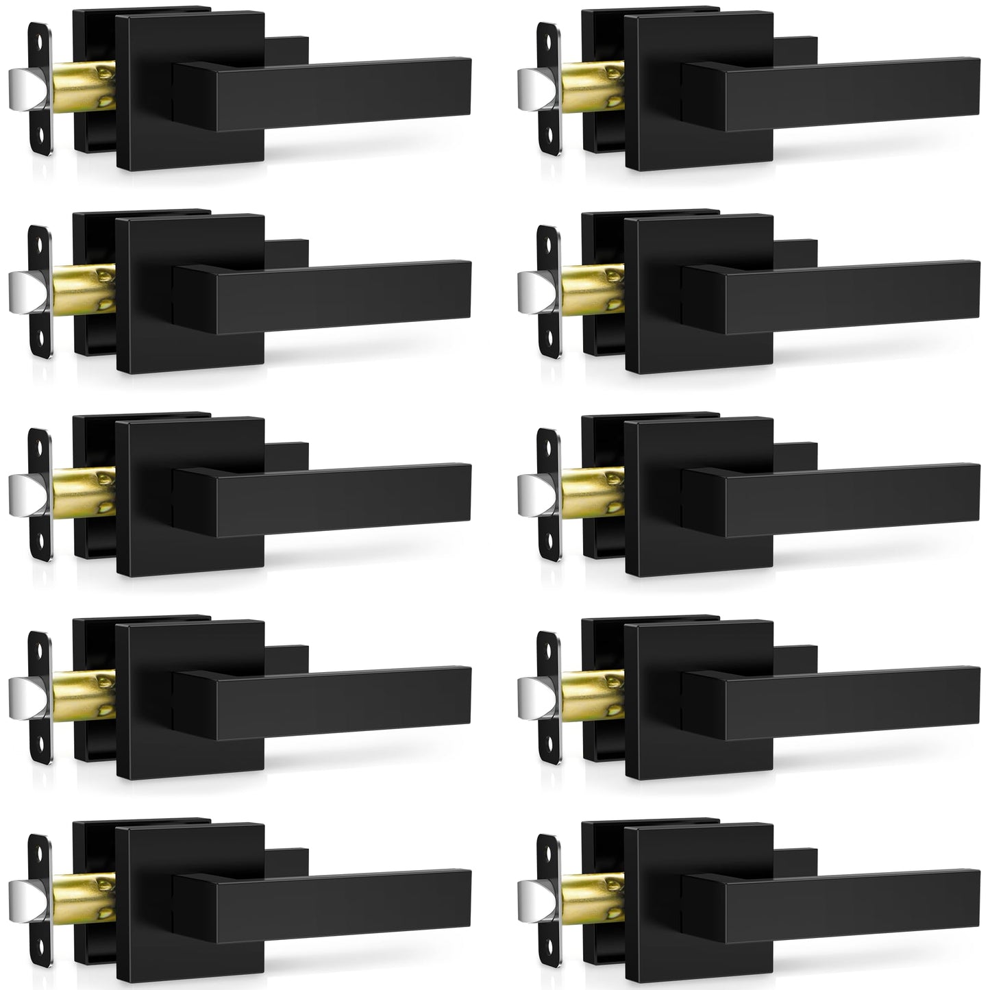 Plustool 10 Pack Matte Black Door Handles Interior, Passage Door Knobs Closet Door Levers for Hallway, Heavy Duty Square Doorknob Non-Locking Handlesets for Left & Right Sided Doors