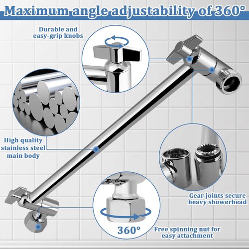 Rain Shower Head Extension 12 Inch Adjustable Rain Shower Head Extension Arm Stainless Steel Shower Head Holder G1/2 Universal Connector Compatible (Chrome Finish)