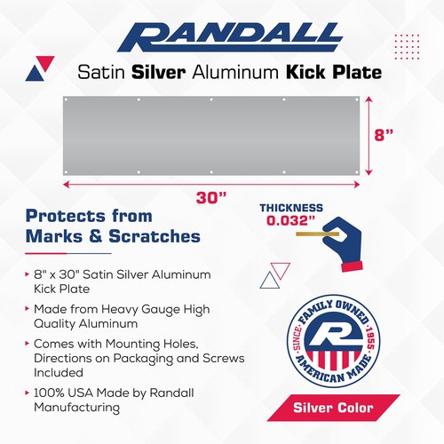 Randall Manufacturing Co., Inc | Satin Silver Kick Plate | 8” x 30” | Heavy Gauge Aluminum | Mill Finish | Mounting Holes & Screws Included for Installation | Protects from Marks & Scratches
