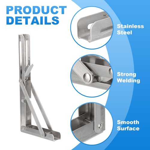 PATIKIL Folding Wall Shelf Brackets 9", 2 Pack Heavy Duty Stainless Steel Collapsible Wall Mounted Shelf Bracket Max Load 220lb Space Saving for Table, Silver