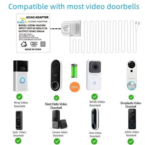 Video doorbell Special Power Transformer, 18V500MA Ring doorbell Power Adapter, Compatible with Ring, Nest, Eufy, Wyze, Arlo Wireless Video doorbell (with 315in Cable White)