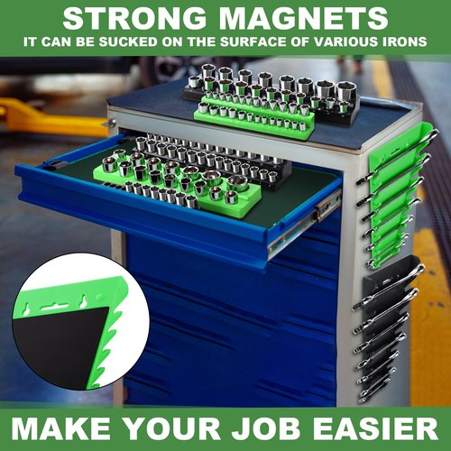 Blulu 8 Pack Magnetic Socket Organizer Set 1/4", 3/8", 1/2" Socket Holder, Magnetic Wrench Organizer 24-slot Drawer Storage Rack Tool Tray SAE (1/4" to 1-1/16"), Metric (6mm to 24mm), Green Black