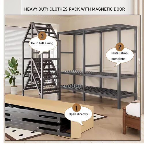 YDEHUEAD Foldable Portable Wardrobe On Wheels, Freestanding Garment Rack, with Magnetic Door 2000lbs, Heavy Duty Clothes Rack, for Bedroom Closet Systems (White (with Pattern), 150CM/59IN)