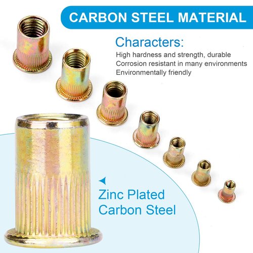 Vmuter Rivet Nuts, 100Pcs M5 Rivet Nuts,Zinc Plated Finish Carbon Steel Flat Head Rivnut Threaded Insert